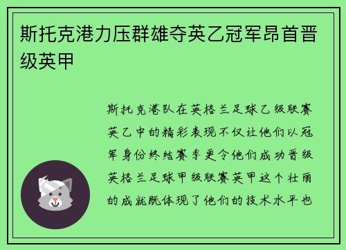 斯托克港力压群雄夺英乙冠军昂首晋级英甲